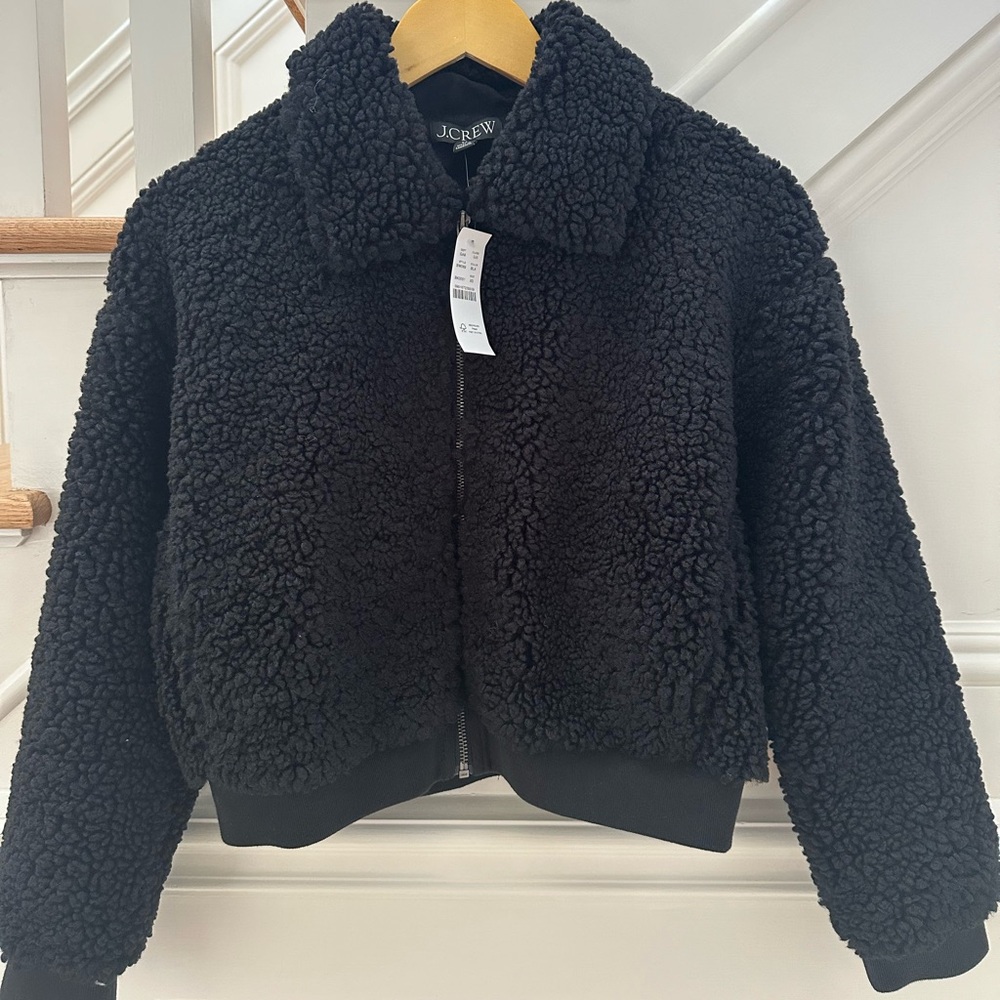 J Crew Black Sherpa Teddy Cropped Full Zip Jacket Women’s Size XS